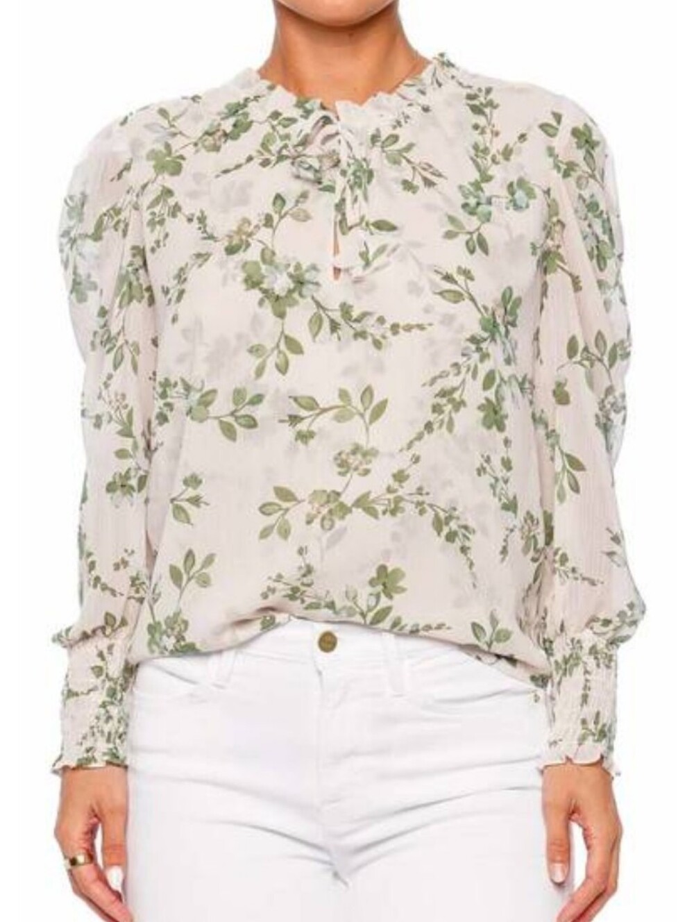 MISA LOS ANGELES Siena White Sage Semi-Sheer Ruffle Top Botanical S